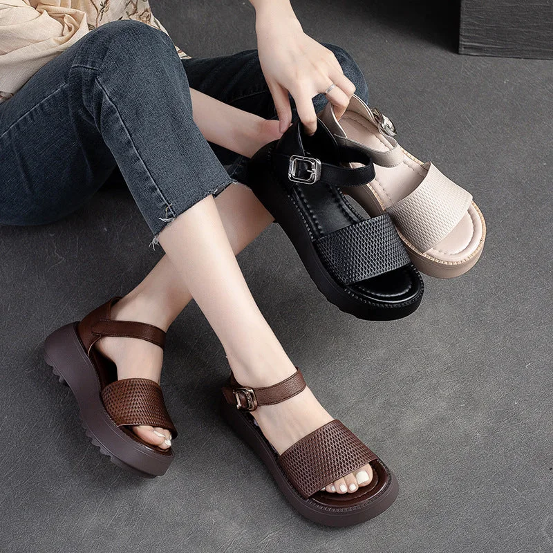 Women Retro Solid Leather Summer Platform Sandals