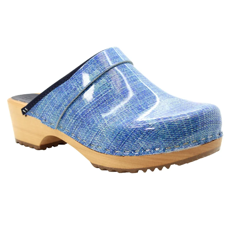 BJORK by KLÄGN Denim Wood Open Back Leather Clogs - CLOSEOUT