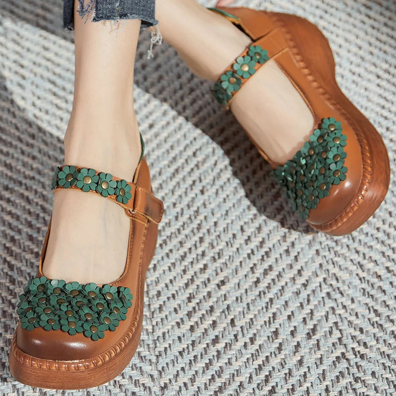 Women Retro Leather Velcro Tape Platform Casual Shoes