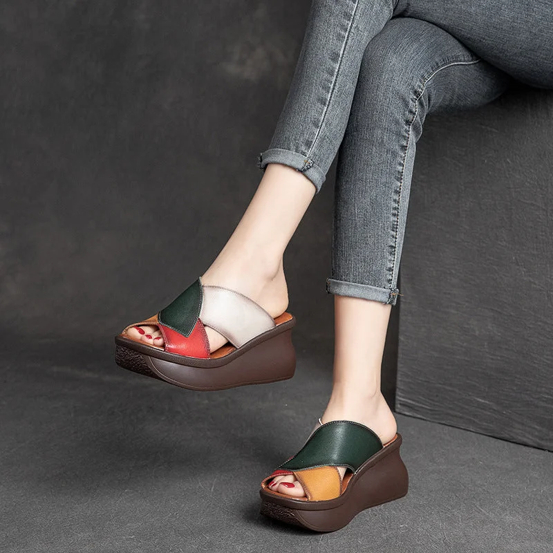 Women Summer Retro Leather Wedge Slide Sandals