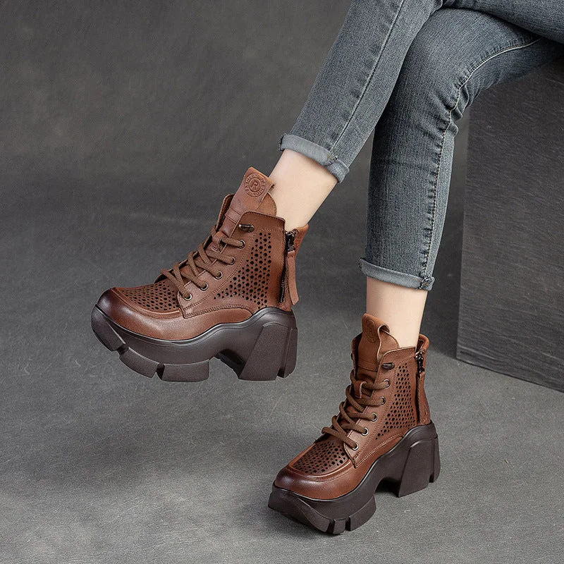 Women Summer Hollow Leather Chunky Platform Boots