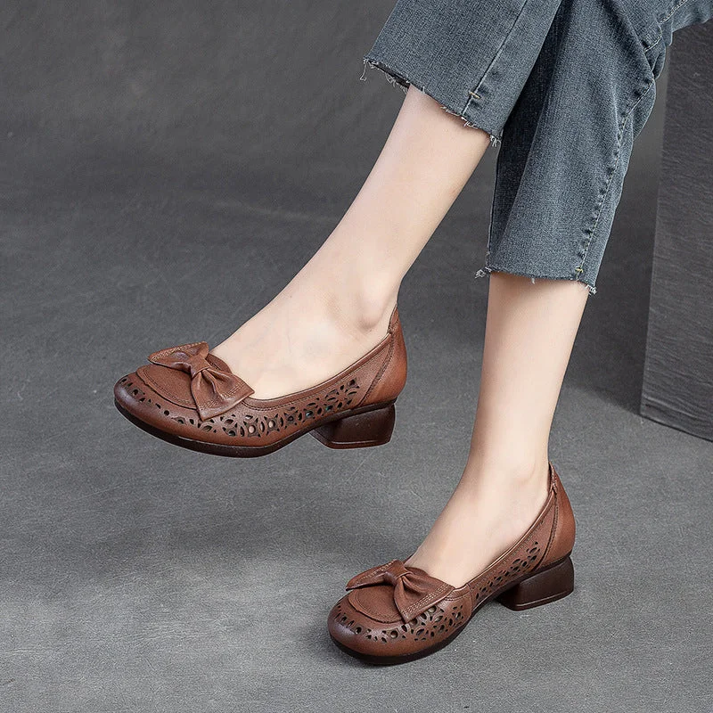 Women Summer Hollow Leather Low Chunky Heel Pumps