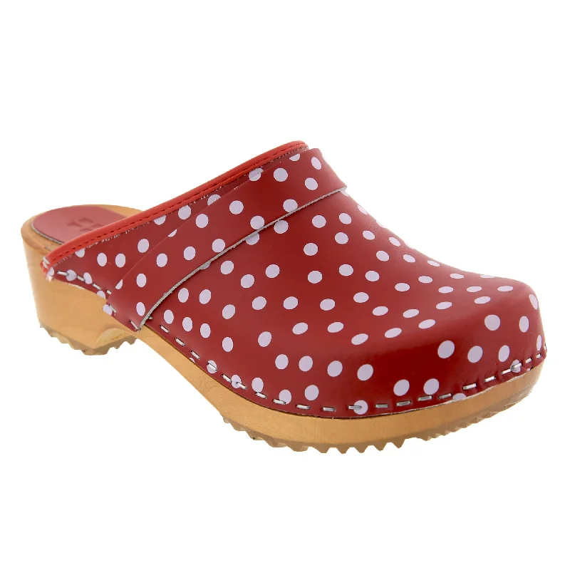 BJORK Emma Wood Open Back Red Polka Dots Leather Clogs