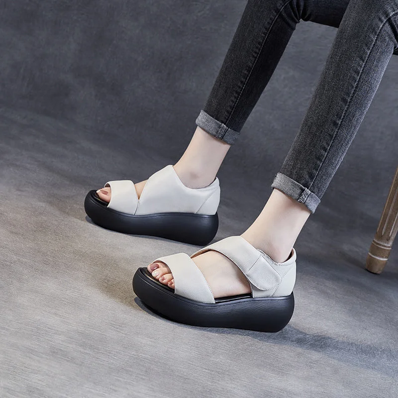 Women Minimalist Solid Leather Velcro Casual Sandals