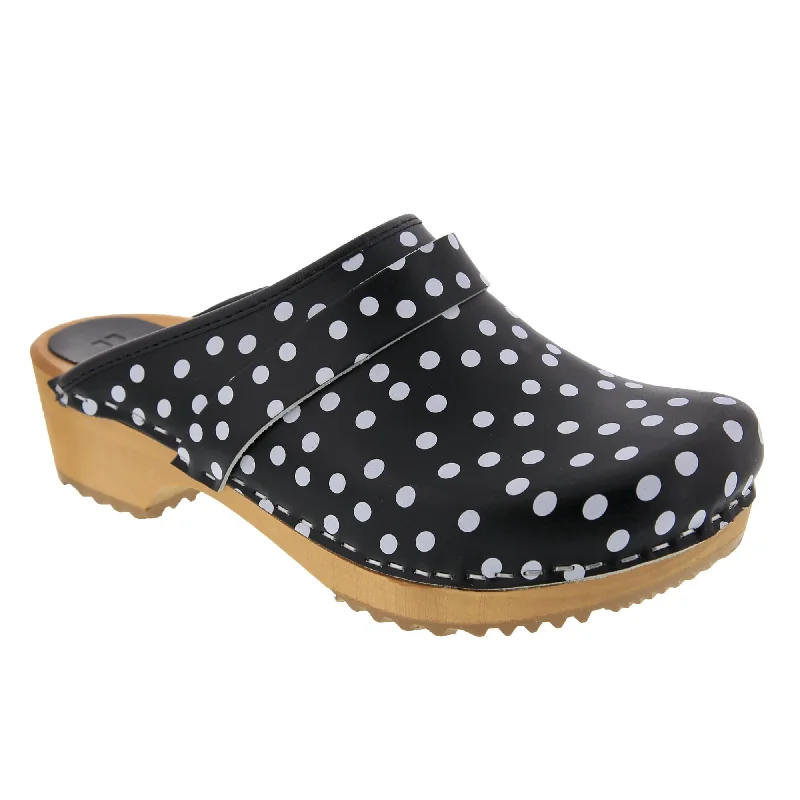 BJORK Emma Wood Open Back Black Polka Dots Leather Clogs - CLOSEOUT