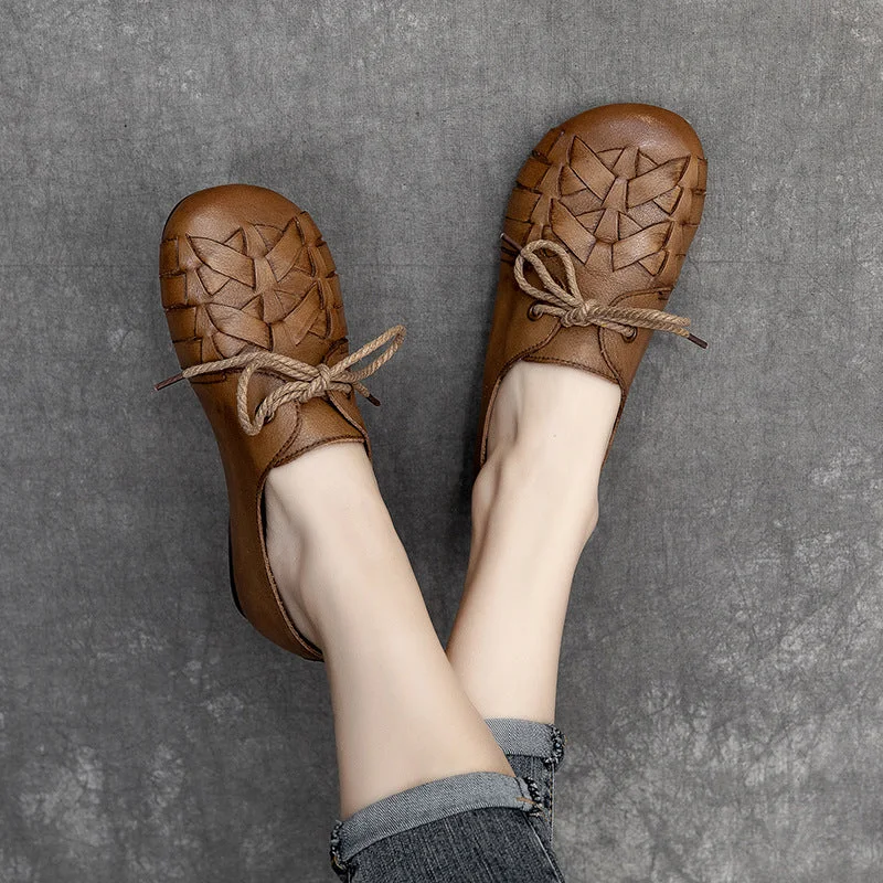 Women Retro Handmade Plaited Leather Flat Shoes