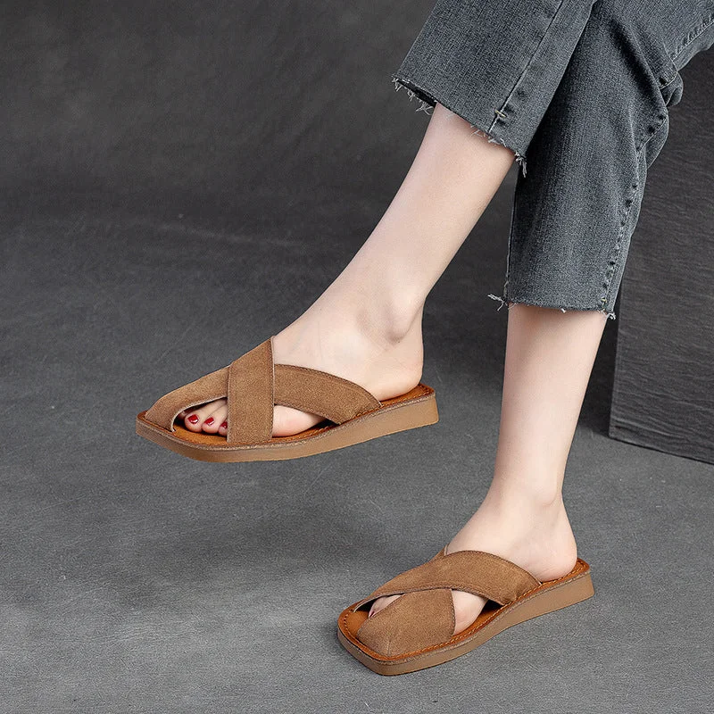 Women Retro Leather Flat Casual Slides