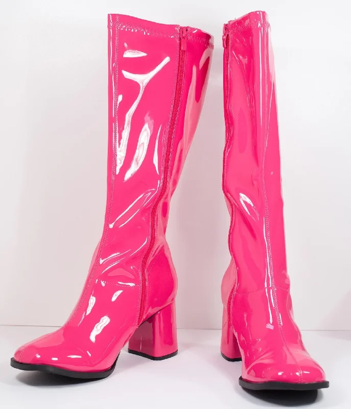 Hot Pink Patent Leatherette Knee High Go Go Boots