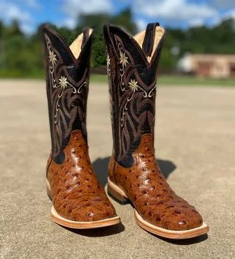 Women's Cowtown 13" Q464 Cognac Full Quill Ostrich Print Wide Square Toe Boot (SHOP IN-STORES TOO)