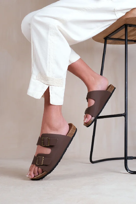 WILLOW TWO STRAP FLAT SANDALS WITH BUCKLE DETAIL IN BROWN NUBUCK