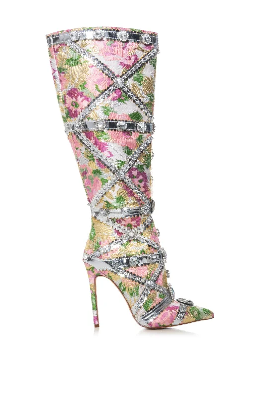 AZALEA WANG CONFIDENT BABY PINK BROCADE EMBELLISHED BOOT