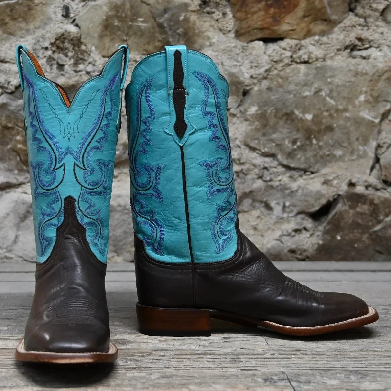 Lucchese Ladies 12" Leather Boot "Harlow" Design W/Emerald Blue Top And Scalloped Topline