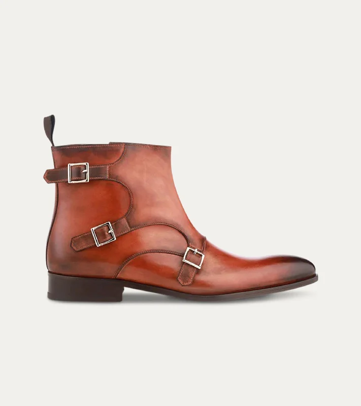 Tristan Triple Monkstrap Boot in Cognac Nicol