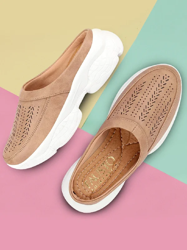 Women Beige Laser Cut Design Stitched Back Open Slip On Mules Shoes