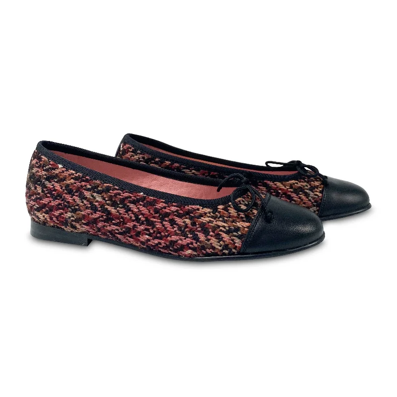 LMDI Pink Tweed Black Toe Cap Bow Slip On Ballet 137153A