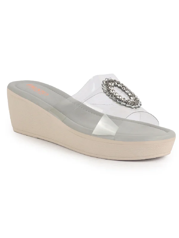 Women Grey Open Toe Transparent Strap with Ring Buckle Height Enhancer Slip On Wedges|Sandals for Work|Office Wear