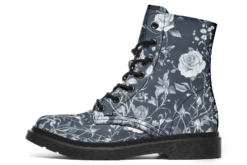 Steel Rose Romance Boots - Vegan Leather Doc-Style Boots with Durable Stitched on Soles