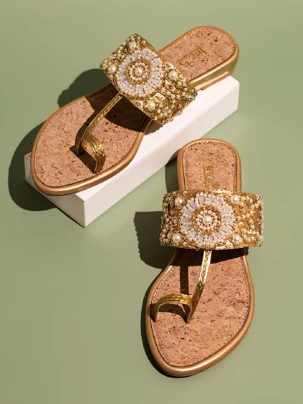 Women Gold Ethnic Embellished One Toe Flats