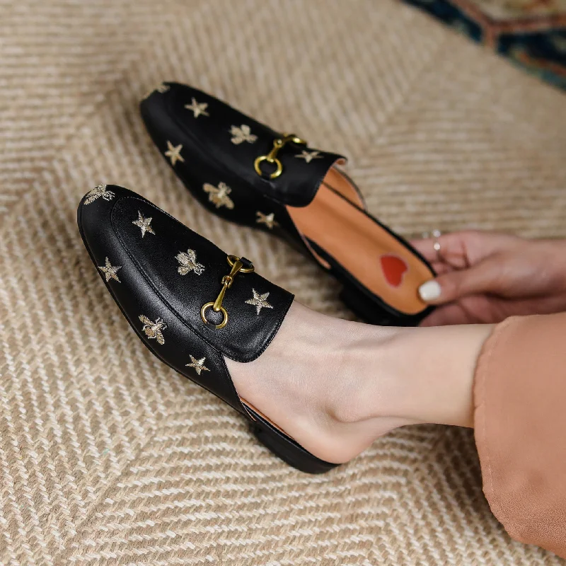 Women Handmade Soft Leather Embroidery Pattern Mules