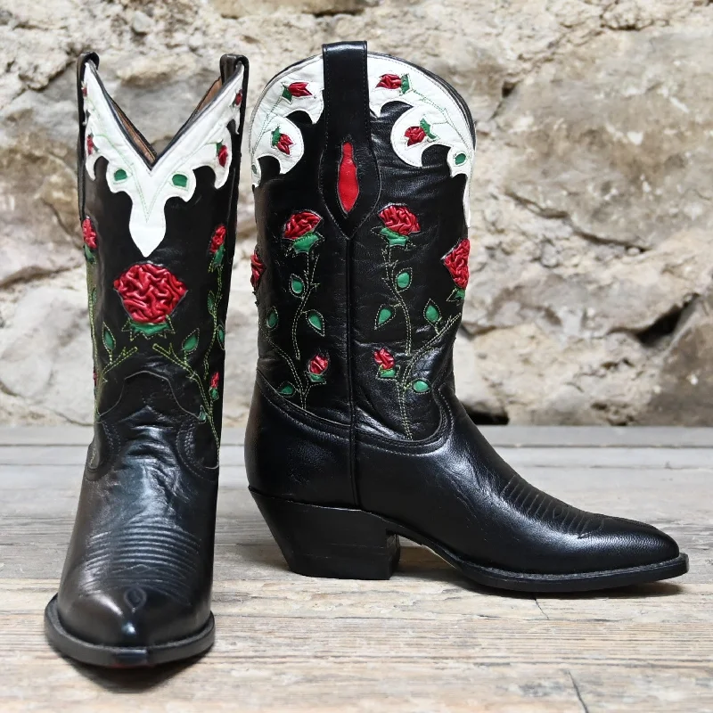 Ladies 11" Black Leather Boot W/Inlayed Roses