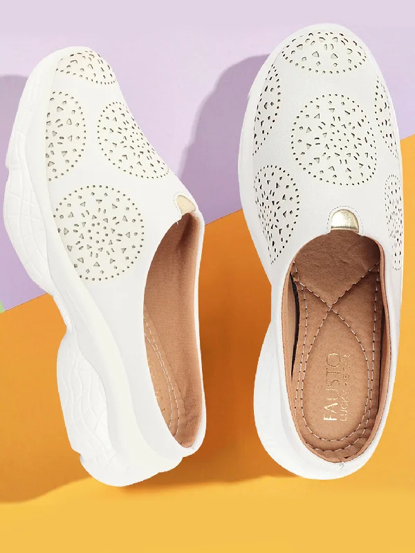 Women White Laser Cut Design Back Open Slip On Mules Shoes