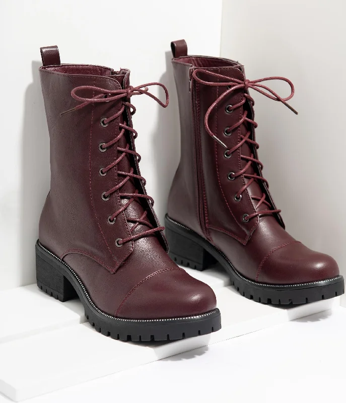 Wine Leatherette Lace Up Combat Boots