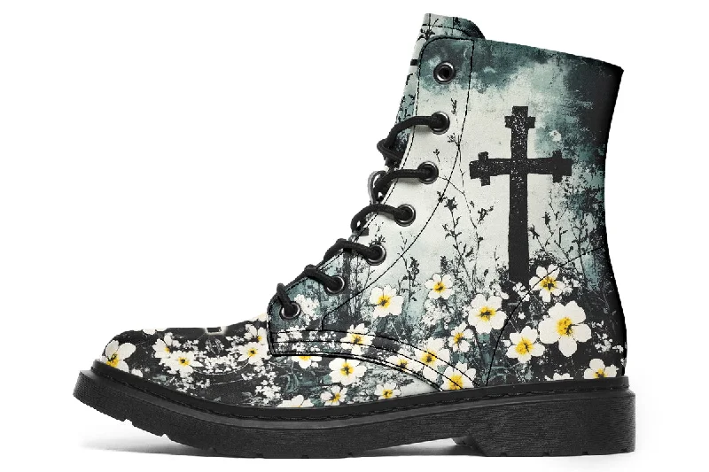 Mourning Petals Boots - Vegan Leather Doc-Style Boots with Durable Stitched on Soles