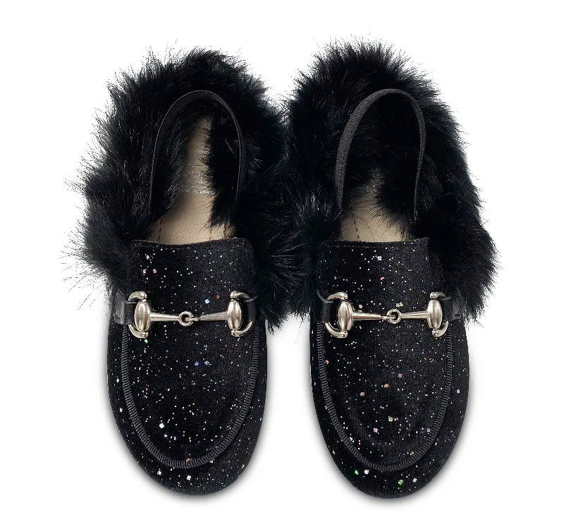 Hoo Black Sparkle Velvet Fur Slingback Mule 3087